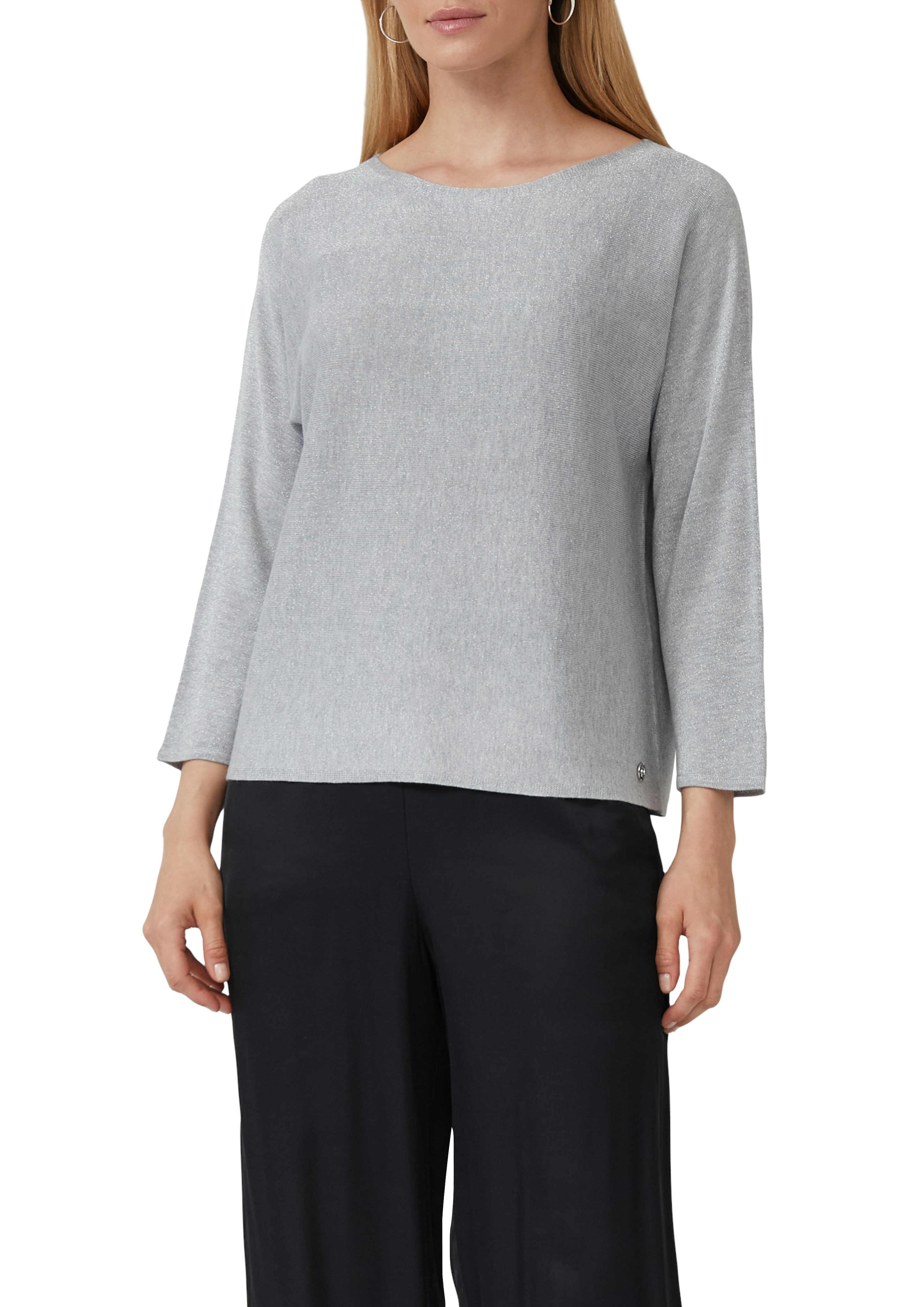 Strickpullover S.OLIVER BLACK LABEL, Damen, Gr. 38, grau, Strick, Obermaterial: 90% Viskose, 10% metallisierte Fasern, unifarben, Casual, regular fit taillenbedeckt, U-Boot-Ausschnitt, Fledermausärmel, Pullover, mit Glitzergarn