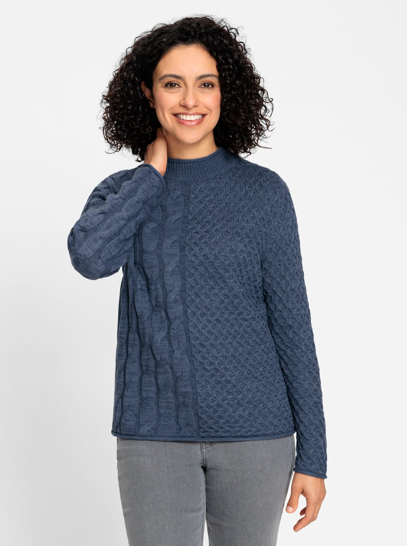 Stehkragenpullover INSPIRATIONEN "Stehkragen-Pullover", Damen, Gr. 40, blau (rauchblau), 60% Baumwolle, 40% Polyacryl, unifarben, Pullover