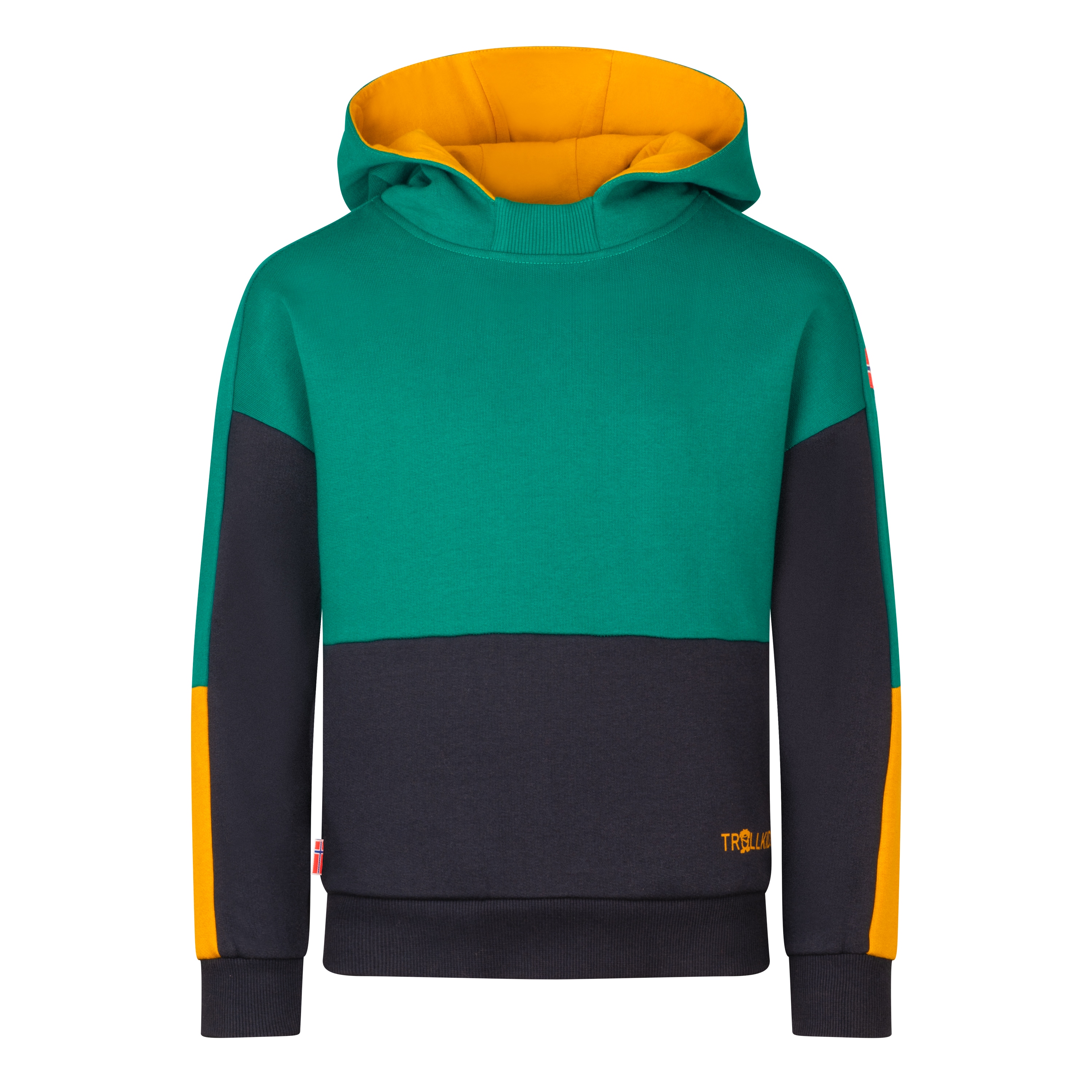 Kapuzensweatshirt TROLLKIDS "KIDS RONDANE SWEATER", Kinder, Gr. 104, schwarz (schwarz cyan, schwarz, bronze), Sweatware, Obermaterial: 100% Baumwolle, Sportlich, Rippbündchen, Sweatshirts Image