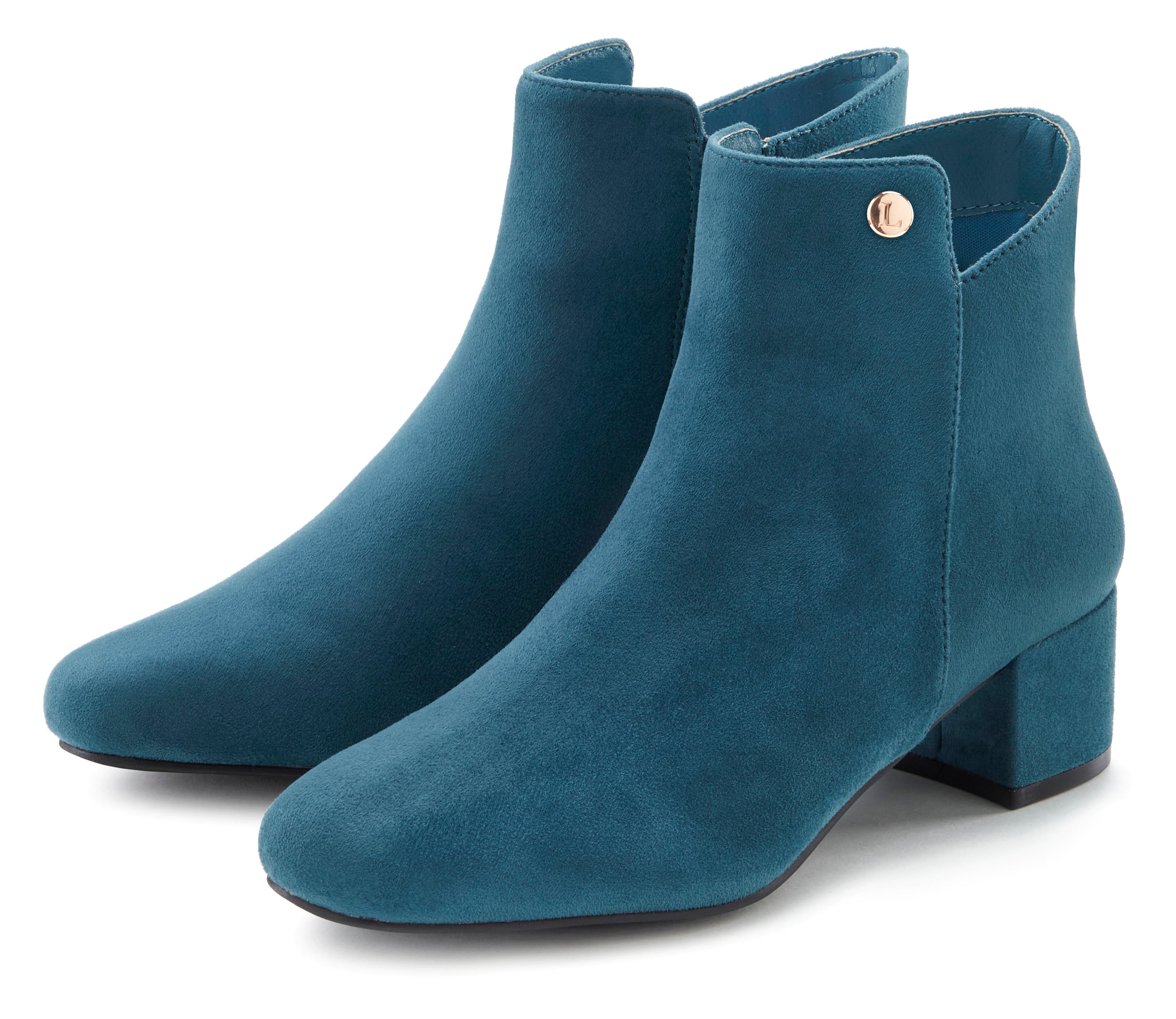 Stiefelette LASCANA, Damen, Gr. 40, blau (petrol), Obermaterial: 100% Textilmaterial. Futter: 100% Textilmaterial. Decksohle: 100% Textilmaterial. Laufsohle: 100% Synthetik, unifarben, Schuhe, mit bequemen Blockabsatz, Ankle Boots, Stiefel VEGAN,...