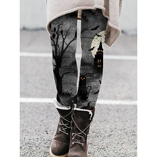 Damen Leggings Urlaub Vintage Mode Knöchellang Hohe Taille Grafik Monster Druck Weich Atmungsaktiv Dehnbar Formal Außen Urlaub Schwarz Grün Asche Schwarz und Dunkelgrau Schwarz 1 Frühling Herbst Image