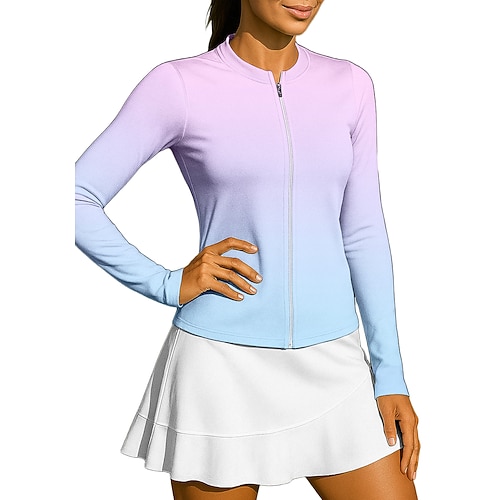Damen Farbverlauf Sporthemd Tennis Shirt Tennistop Langarm Reißverschluss Blumen UPF50 UV-beständig Hohe Elastizität Feuchtigkeitsableitend Atmungsaktiv Volleyball Tennis Golfspiel Stehkragen Image