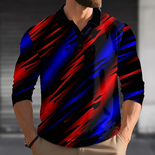 Herren Abstrakt Geometrisch Polo Langarm Polo-Shirts Revers Lässig Outdoor Straße Athleisure Alltagskleidung 3D-Druck Knöpfe Frühling Herbst Winter Rote Purpur Grün Image