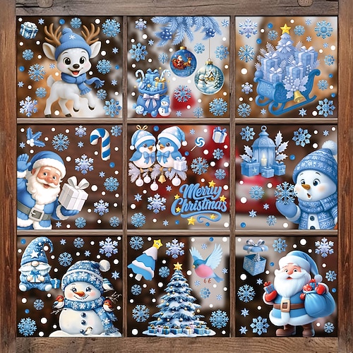 9 Bögen Weihnachts-Fensteraufkleber, Wandaufkleber, Dekorationen, kreativer Cartoon-Weihnachtsmann, Glocken, Schneeflocken Schneemänner, statische Aufladung, neues Ferienhaus Ladendekor Image