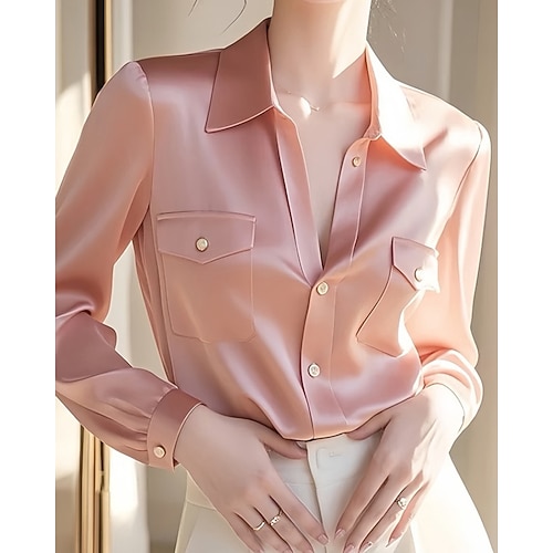 Damen Hemd Elegant Satin-Top Bluse Tasche Knöpfe Einfach Aktiv Stilvoll Langarm Hemdkragen Normale Oberteile Arbeit Formelle Kleidung Rosa Herbst Image