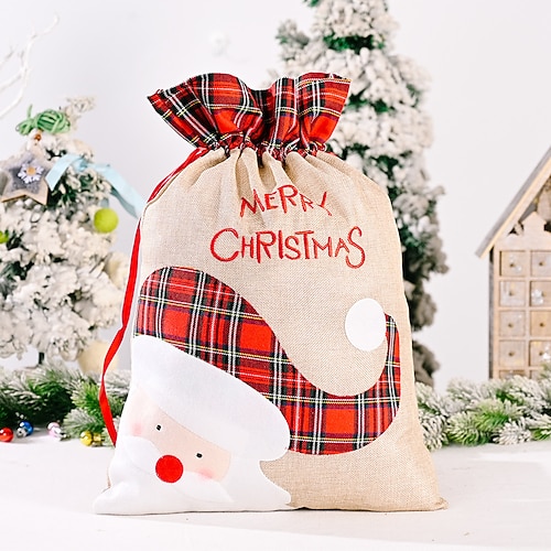 Weihnachtsgeschenktüte, große Stofftüte mit karierter Applikation, Süßigkeitentüte für Kinderfeste, Aufbewahrung von Weihnachtsgeschenken, Verpackung von Weihnachtsgeschenken Image