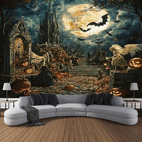 Halloween-Hintergrund-Wandteppich, Nachtgeisterschloss, Kürbis-Hexenskelett, Wandbehang, großes dekoratives Wandbild für Schlafzimmer, Wohnzimmer, Party und Heimdekoration Image