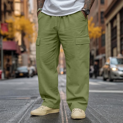 Herren Leinenhosen Hose Baggy-Hosen Kordelzug Elastischer Bund Gerader Schnitt Einfach Komfort Atmungsaktiv Volle Länge Outdoor Lässig Täglich Urlaub Mode Schwarz Weiß Unelastisch Image