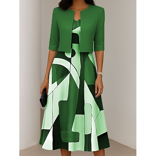 Damen Kleid-Set A Linie Kleid Sommerkleid Lässig Halbformelle Kleider Ombre Grafik Druck Midikleid Halbarm V Ausschnitt Urlaub Date Rosa Grün Grau Frühling Herbst Normale Passform Image