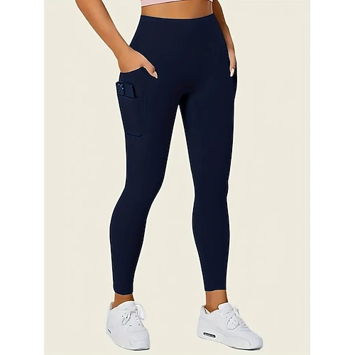 Damen Leggings Mode Lässig Volle Länge Hohe Taille Einfarbig Tasche Hoher Schnitt Atmungsaktivität Weich Bequem Hohe Elastizität Wein Marineblau Schwarz Grau Herbst Winter Schmale Passform Image