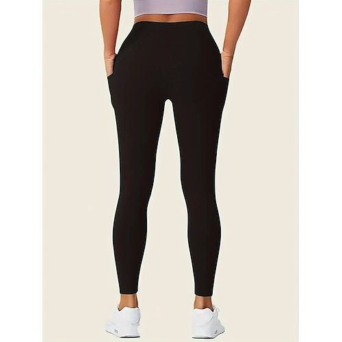 Damen Leggings Mode Lässig Volle Länge Hohe Taille Einfarbig Tasche Hoher Schnitt Atmungsaktivität Weich Bequem Hohe Elastizität Wein Marineblau Schwarz Grau Herbst Winter Schmale Passform Image