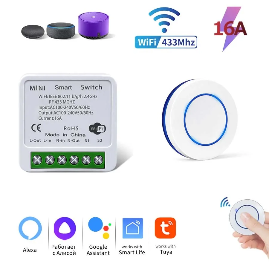 Tuya RF433+WIFI 16A Smart Switch Drahtloser Schalter und RF433-Fernbedienungsschalter, der in Verbindung mit Alexa Google Home verwendet wird Image