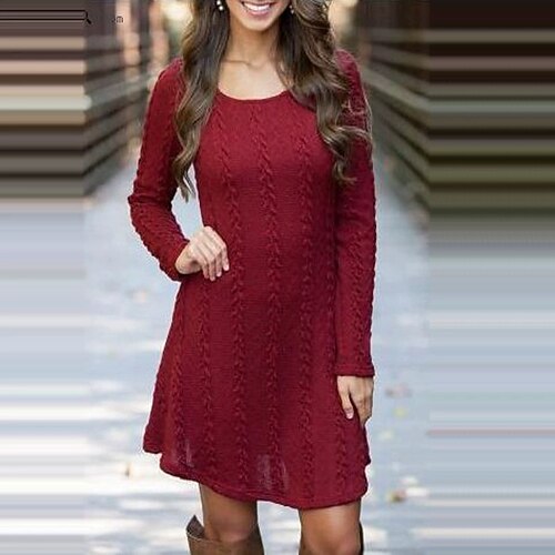 Damen Minikleid Freizeitkleid Mode Klassisch Modern Outdoor Urlaub Ferien Normale Passform Einfach Langarm Rundhalsausschnitt Weiß Wein Braun Dunkelblau Frühling Image