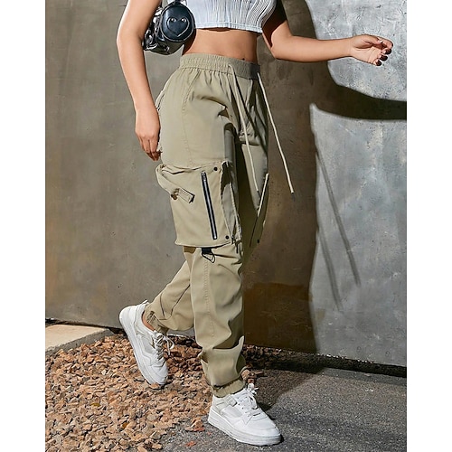 Damen Cargo-Hosen Stoffhosen Streetwear Lässig Volle Länge Natürliche Taille Einfach Kordelzug Tasche Bequem Straße Ferien Alltagskleidung Mandelfarben Schwarz Rosa Grün Herbst Normale Passform Image