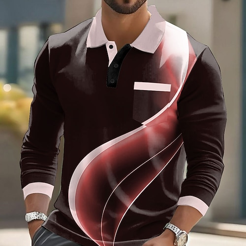 Herren Geometrisch Linie Polo Langarm Polo-Shirts Revers Lässig Business-Casual Athleisure Alltagskleidung Tasche 3D-Druck Knöpfe Frühling Herbst Meerblau Weiß Rote Image