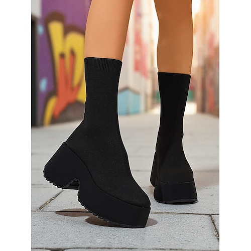 Damen-Sockenstiefel mit dicker Plateausohle – schwarze Stiefeletten aus Stretch-Strick mit runder Zehenpartie für Streetwear, Freizeitoutfits und Herbstmode Image