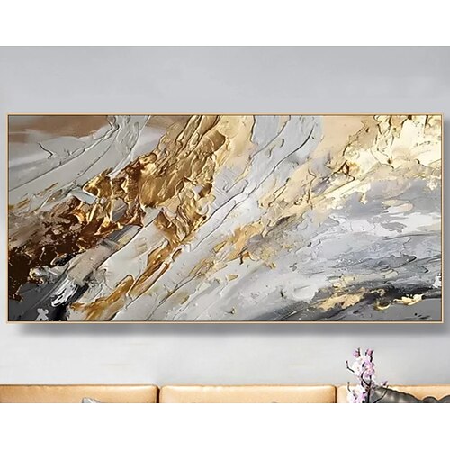 Gold abstraktes Gemälde auf Leinwand strukturierte Wandkunst Goldfolie Gemälde Boho Wanddekoration helles Gemälde große moderne Kunst Wohnzimmer Kunst Image