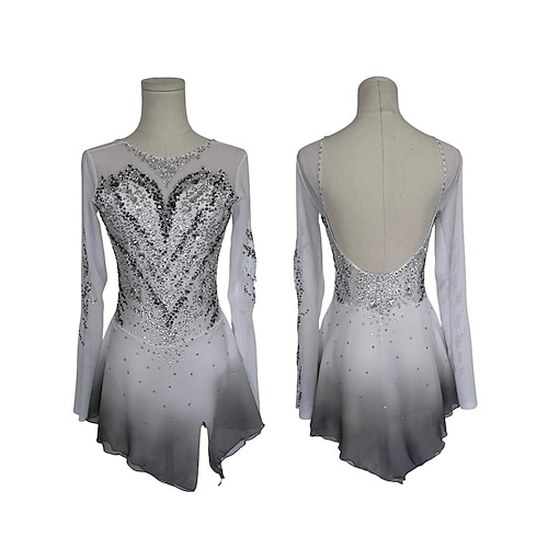 Eiskunstlaufkleid Damen Mädchen Eislaufen Kleid GrauWeiß Patchwork Asymmetrischer Saum Spandex Hohe Elastizität Training Wettbewerb Eiskunstlaufkleidung Klassisch Kristall / Strass Langarm Eislaufen Image