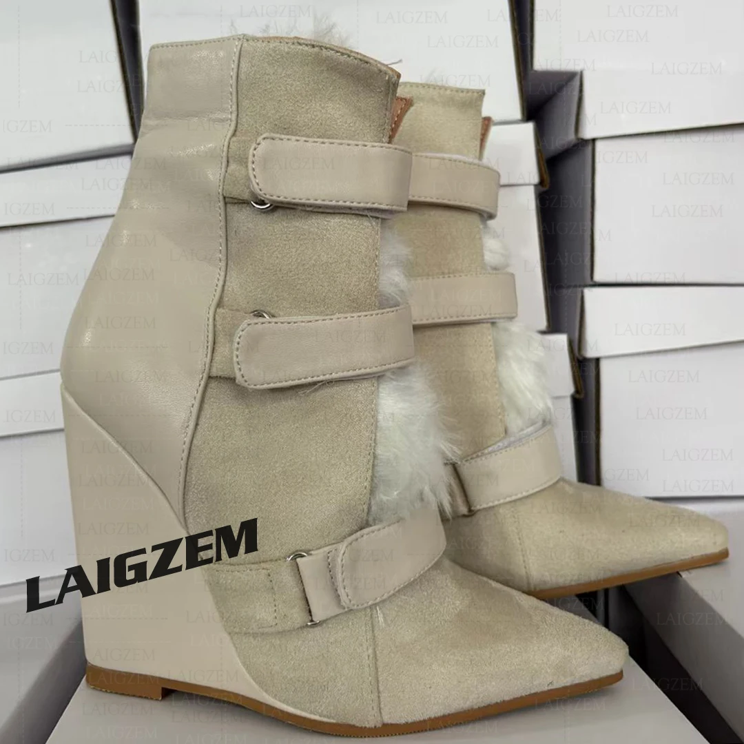 LAIGZEM Damen Stiefeletten mit Keilabsatz, spitzer Zehenbereich, Kunstpelz, Patchwork, kurze Stiefeletten, handgefertigte Damenschuhe, Damen, große Größe 38, 45, 47