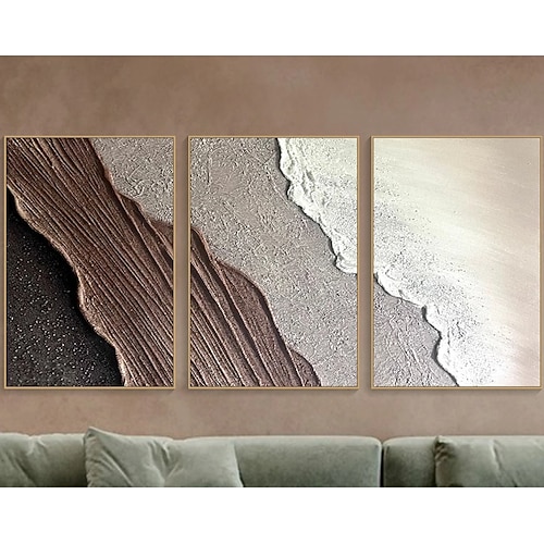 3D gerahmte strukturierte Wandkunst Ozeanwelle Gemälde auf Leinwand Triptychon Wohndekor braun minimalistisches Gemälde Erdton Wabi-Sabi Wohnzimmer Kunst Image