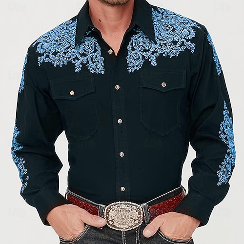Herren Ethnisch Barock- Schnörkelwerk Hemd Westernhemd Cowboy-Shirt Langarm Vintage-Retro Outdoor Lässig Arbeitskleidung Sommer Frühling Herbst Umlegekragen Zwei Fronttaschen Hemden mit Knopfleiste Image