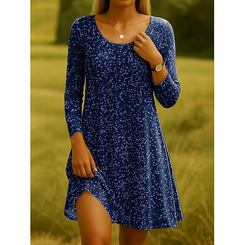 Damen Minikleid T-Shirt-Kleid Sommerkleid A Linie Kleid Lässig Boho Täglich Ferien Date Normale Passform Blumen Grafik Langarm Rundhalsausschnitt Blau Hellgrün Rosa Wein Sommer Frühling Herbst Winter Image