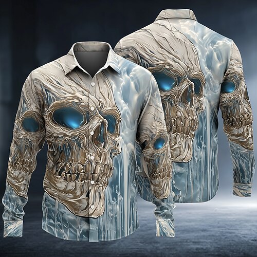 Herren Frozen Eisschädel Hemd Knopfhemd Langarm Dunkler Gothic-Stil Streetwear Ferien Frühling Herbst Umlegekragen 3D-Druck Hemden mit Kragen Blau Rosa Purpur Grün Image