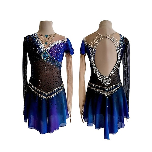 Eiskunstlaufkleid Damen Mädchen Eislaufen Kleid Bule schwarz Patchwork Offener Rücken Netzstoff Spandex Hohe Elastizität Training Wettbewerb Eiskunstlaufkleidung Klassisch Kristall / Strass Langarm Image