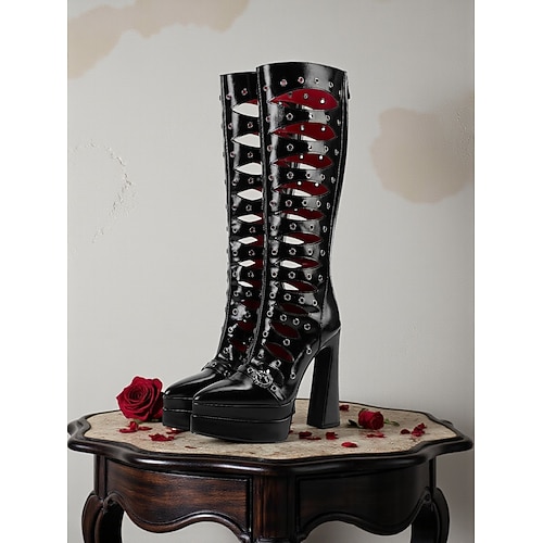 Kniehohe Gothic-Stiefel für Damen mit Aussparungen, Retro-Plateaustiefel mit Schnürung und Absatz und Cutout-Design, stylische Kostümschuhe für Halloween-Party-Outfits Image