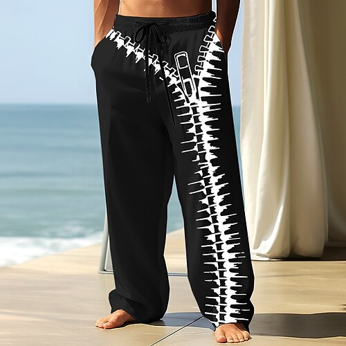 Herren Optische Täuschung Reisverschluss Hose Freizeithose Baggy-Hosen Mittlere Taille Mode Outdoor Streetwear Urlaub Elastischer Kordelzug in der Taille Leinenähnliche Hose mit Taschen Frühling Image