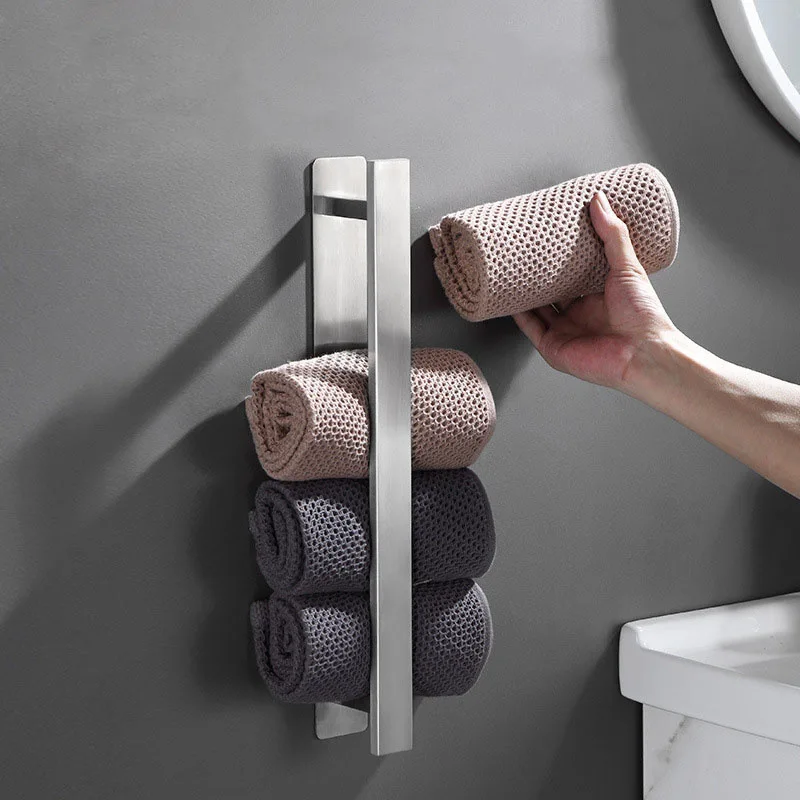 Porte-serviettes de toilette en acier inoxydable, sans poinçonnage, sans clous, tige unique de salle de bain, porte-serviettes de quincaillerie de salle de bain, porte-serviettes