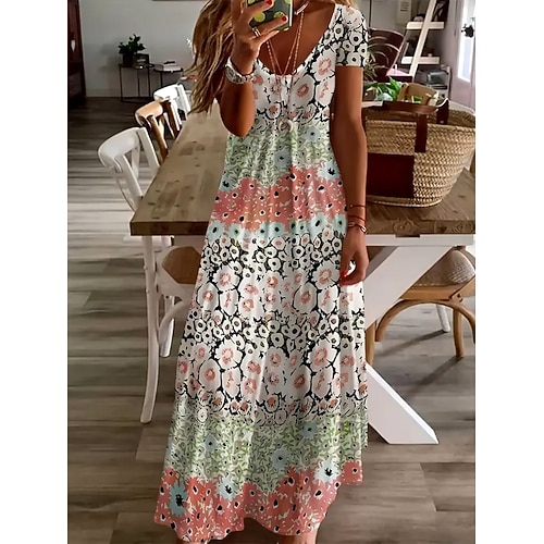 Damen Bodenlänge Freizeitkleid A Linie Kleid Sommerkleid Elegant Bohemien Urlaub Normale Passform Ombre Blumen Grafik Kurzarm U-Ausschnitt Hellgrün Sommer Frühling Herbst Image