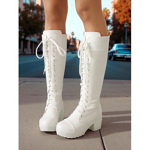 Schwarze kniehohe Plateau-Schnürstiefel für Damen – klobiger Absatz im Kampfstil aus Kunstleder für Streetwear und urbane Outfits im Herbst und Winter Image