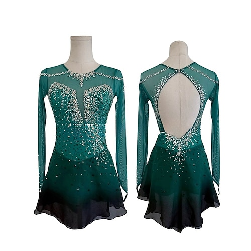 Eiskunstlaufkleid Damen Mädchen Eislaufen Kleid Waldgrün Patchwork Daumenloch Netzstoff Spandex Hohe Elastizität Training Wettbewerb Eiskunstlaufkleidung Klassisch Kristall / Strass Langarm Eislaufen Image