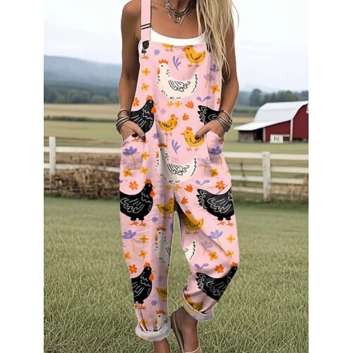 Damen Strampler Aktiv Grafik Ärmellos Haremshose Knöpfe Urlaub Straße Lässiger Schnitt Weiß Gelb Rosa Sommer Image