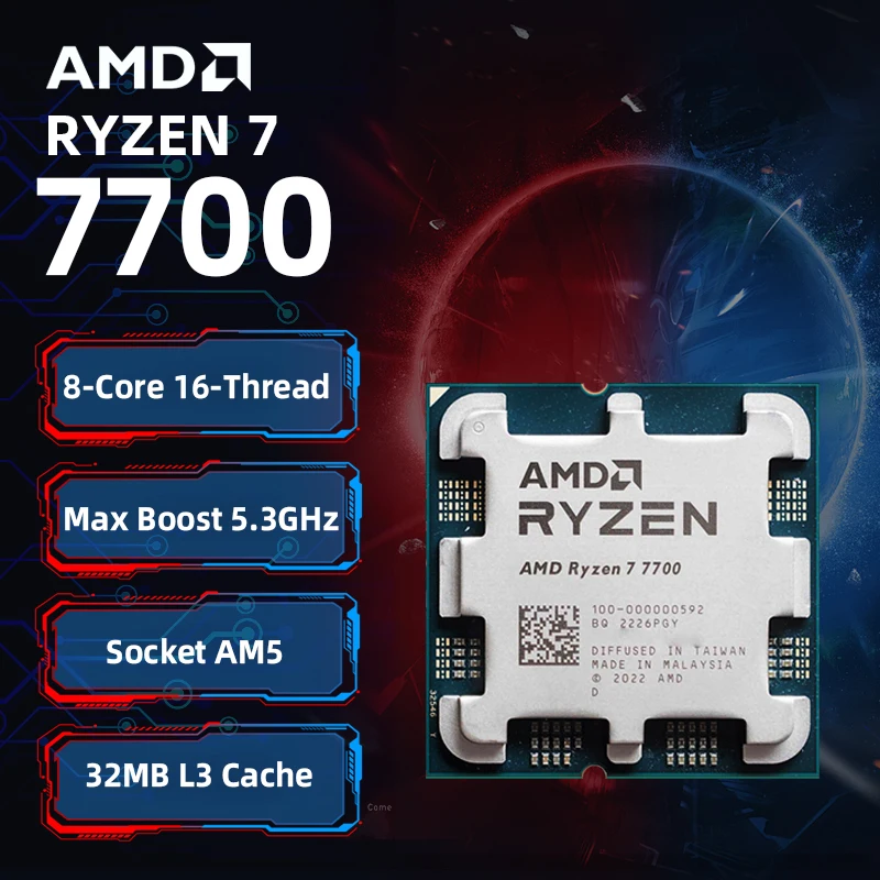Processore Desktop AMD Ryzen 7 7700, CPU 8-Core 16-Thread 5.3GHz, 40MB di Cache per Giochi, Sbloccato, Socket AM5, CPU per Gaming