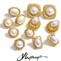 Yhpup Orecchini a bottone quadrati rotondi con perle finte in acciaio inossidabile di tendenza Coreano quotidiano versatile gioielli di moda vintage chic