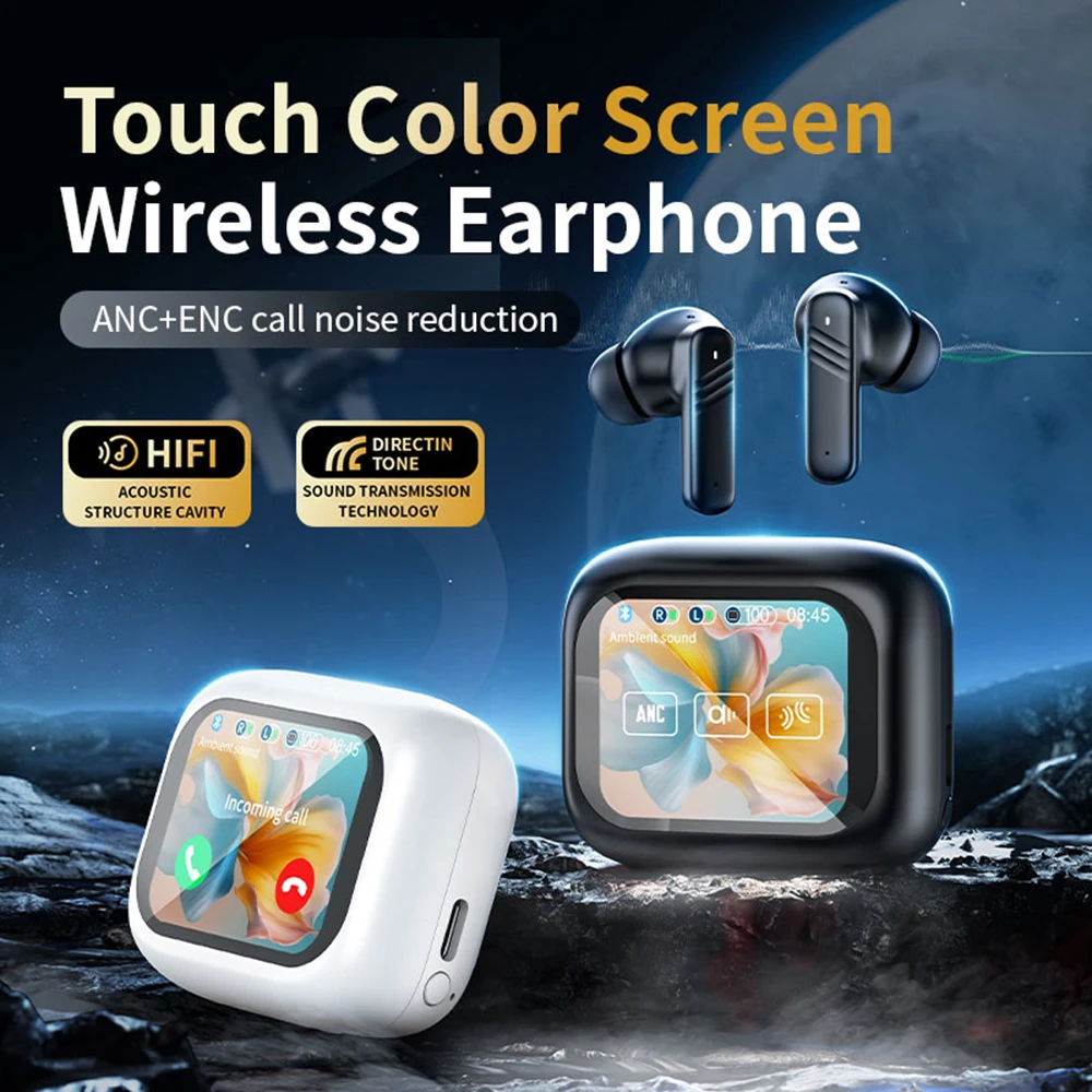 Auricolare Bluetooth ANC Schermo a colori Touch Cancellazione attiva del rumore Auricolare Bluetooth 5.4 Auricolare sportivo stereo HIFI Impermeabile
