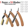 Rasoio di sicurezza per taglio barba in legno Rasoio manuale a bordo dritto in acciaio inossidabile Rasoio da barba pieghevole con lame a doppio bordo da 10 pezzi