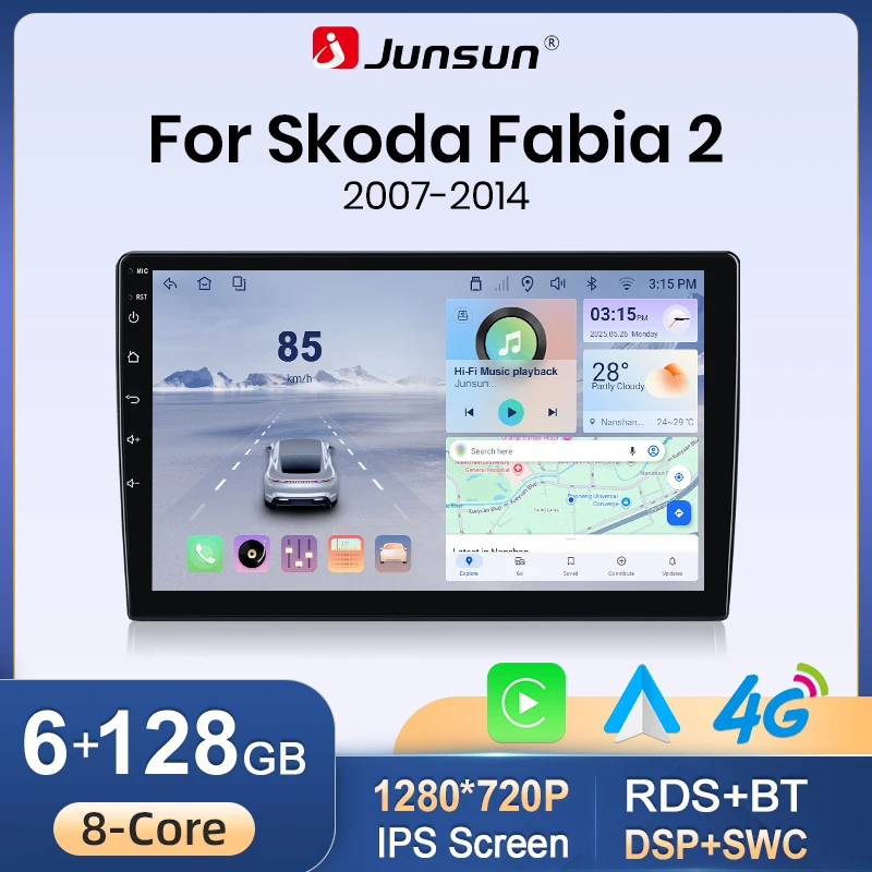 Autoradio Junsun Wireless CarPlay Android Auto per Skoda Fabia Mk2 (5J) 2007-2014 con ventola di raffreddamento integrata, navigatore GPS Android, lettore multimediale, WiFi, DSP, RDS, BT, SWC,