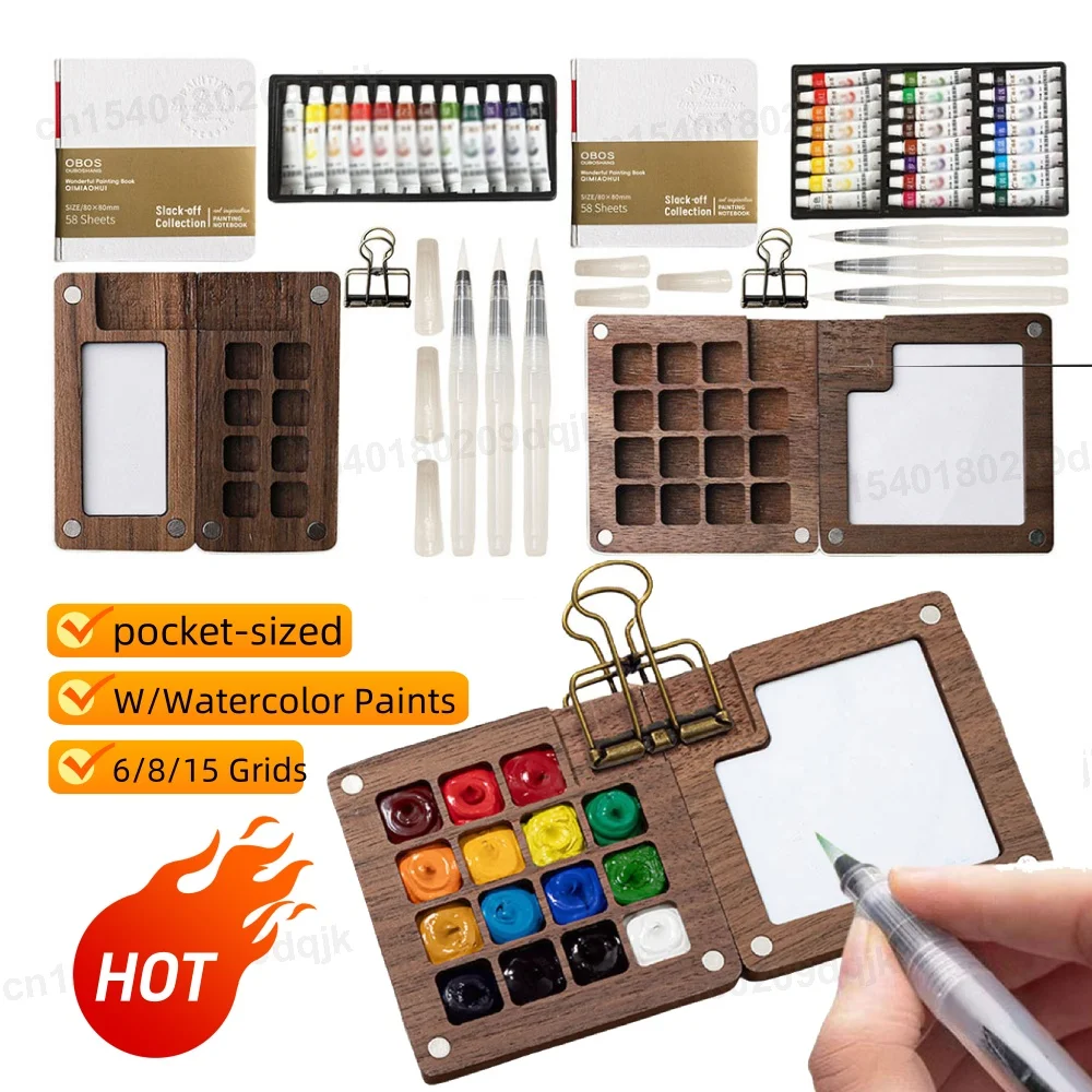 6/8/15 Grid Tragbare Reise Aquarell Palette Set Mini Walnuss Farbe Box Künstler Aquarell Farbe Palette Skizzenbuch Kunst Liefert Image