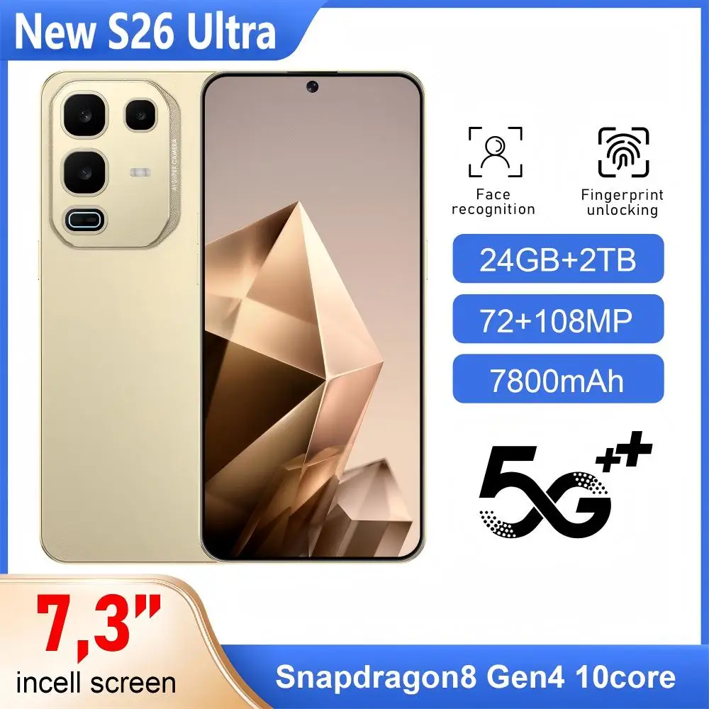 Nouveau Smartphone pour S26 Ultra Original 7.3HD 4G 5G Snapdragon 8 gen4 double carte Sim 72MP + 108MP téléphone portable Android 14 téléphones mobiles