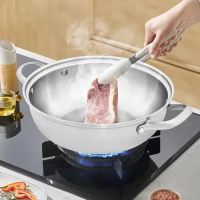 Composite Steel Wok,304 Stainless Steel Frying Pan with Lid, Wok Pan with Lid,Silver Round Stainless Steel Wok,For Kitchens,