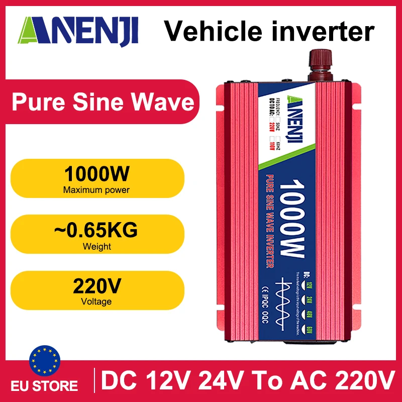 ANENJI onduleur à onde sinusoïdale Pure 1KW onduleur de véhicule DC 12V 24V à AC 220V convertisseur de tension de puissance onduleur solaire de voiture pour RV SUV