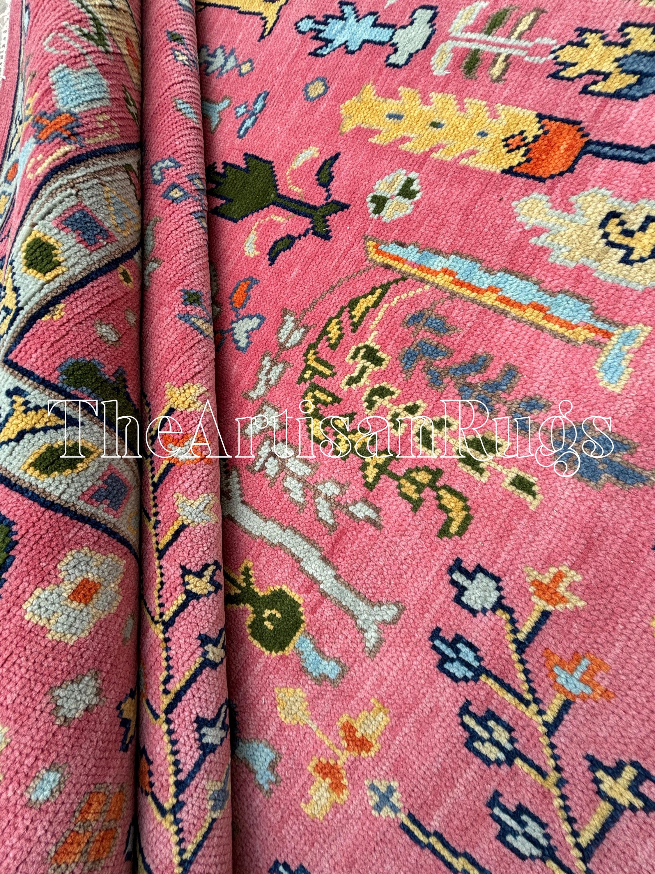 Tappeto Oushak in lana rosa annodato a mano - Motivo floreale Albero della Vita