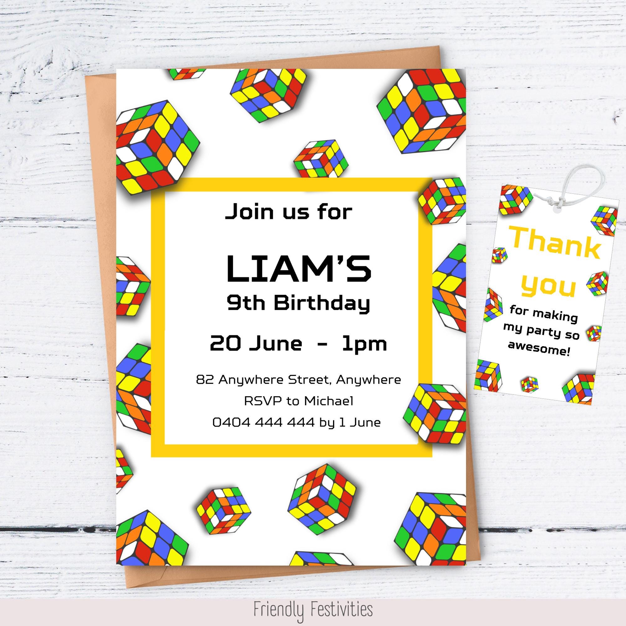 Invito di compleanno modificabile a tema puzzle di Rubik, invito a tema puzzle, festa di compleanno per bambini a tema puzzle di Rubik, invito per fes