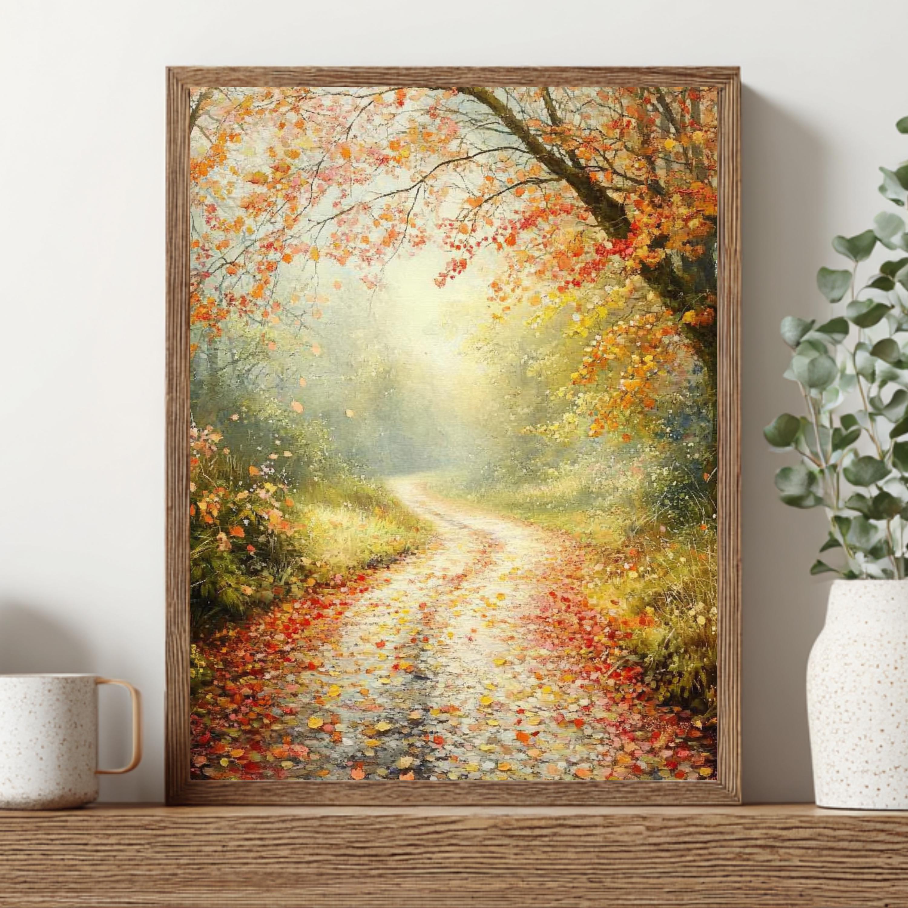 Quadro da parete con paesaggio autunnale, tela incorniciata con atmosfera autunnale nebbiosa, stampa di un ruscello autunnale dorato, opera d'arte nat