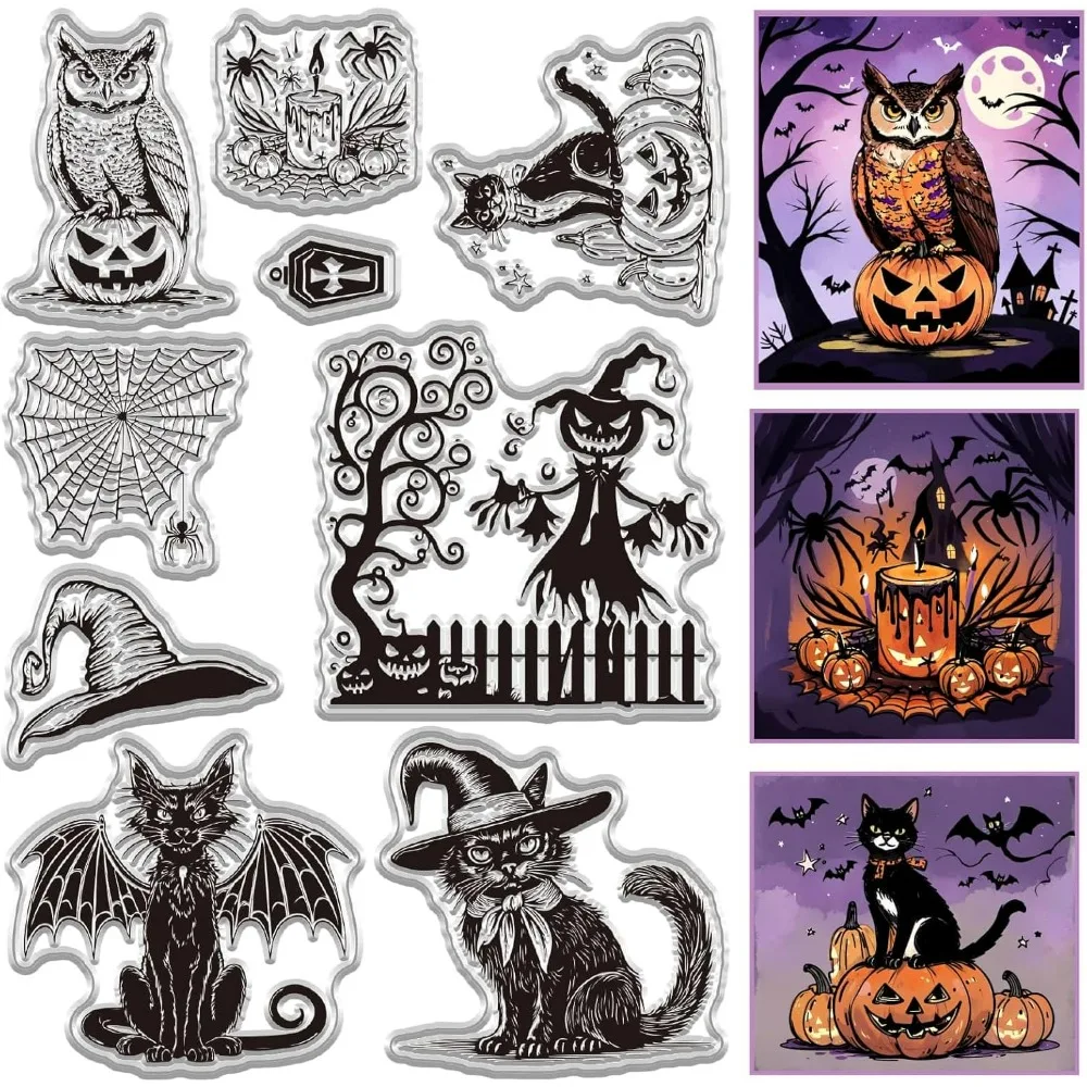 Halloween Owl Clear Stamp for Card Making Pumpkin Monster Hat Cat Terror Rubber Silicone Reusable Transparent Seal for Envelope