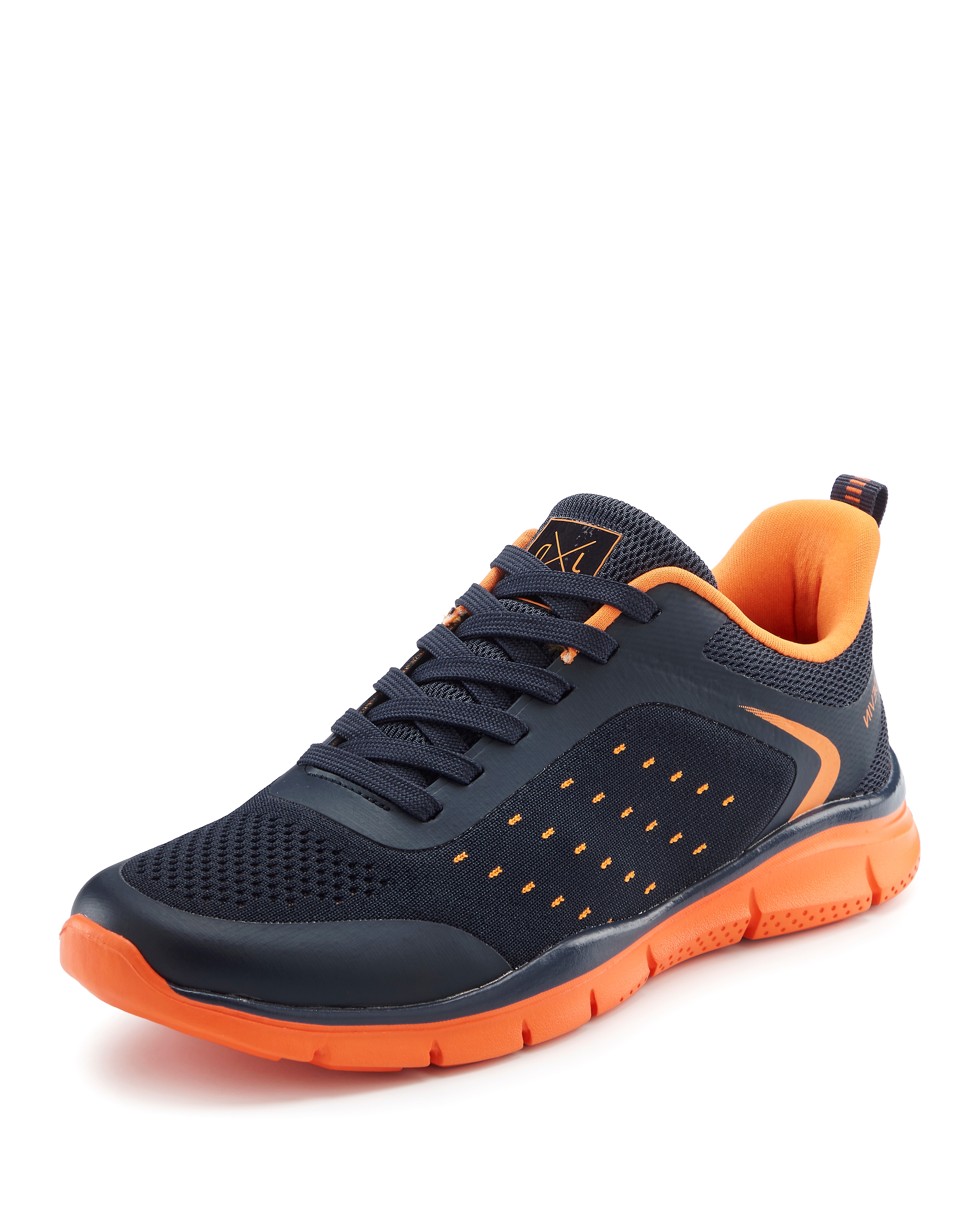 Sneaker JOHN DEVIN "Schnürschuh", Herren, Gr. 45, marine, orange, Obermaterial: 80% Textilmaterial, 20% Lederimitat. Decksohle: 100% Textilmaterial. Futter: 100% Textilmaterial. Laufsohle: 100% Synthetik, kontrastfarbene Details, mehrfarbig, Schuhe,...