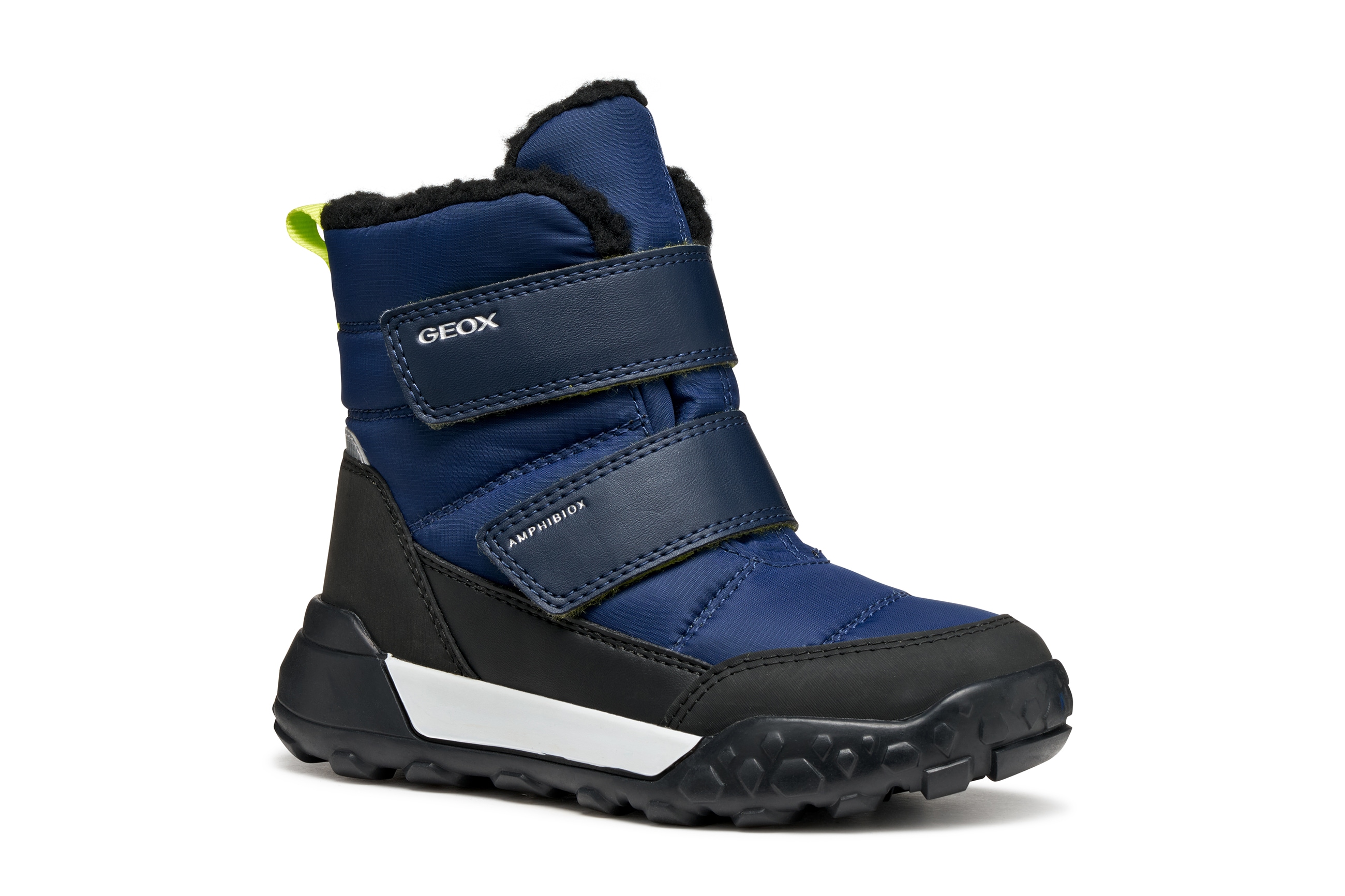 Winterstiefel GEOX "J TREKKYUP BOY B ABX", Kinder, Gr. 31, blau (navy, limette), Synthetik, Textil, Schuhe, Klettstiefel mit Warmfutter, Größenschablone zum Download Image